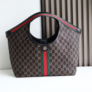 Gucci Brown GG Supreme Canvas Tote with Green and Red Web